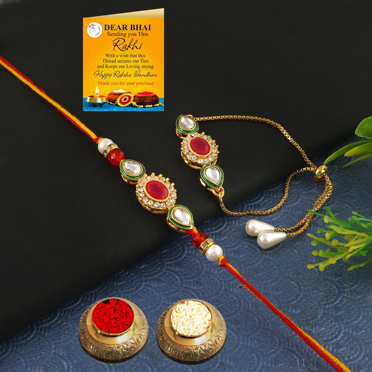 Tanusha Jewels Kundan Studded Bhaiya Bhabhi Rakhi Set for Raksha Bandhan