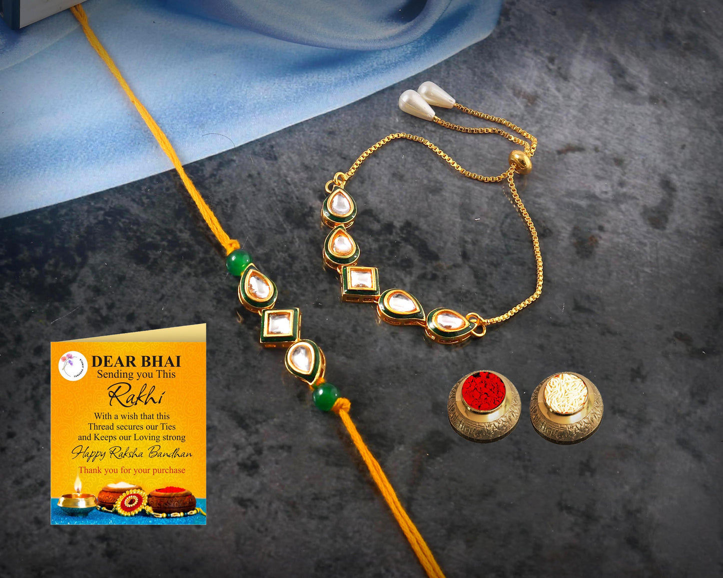Tanusha Jewels Kundan Studded Bhaiya Bhabhi Rakhi Set