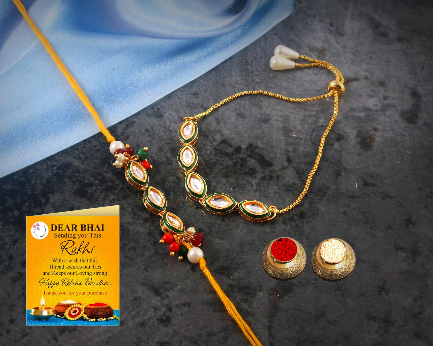 Tanusha Jewels Kundan Studded Bhaiya Bhabhi Rakhi Set