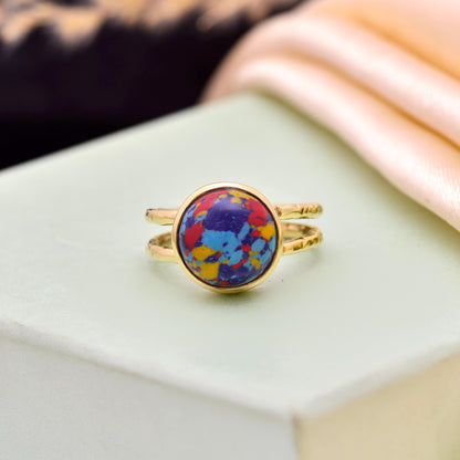 Hammered Gold Sea Sediment Jasper Ring, Colorful Boho Statement Jewelry