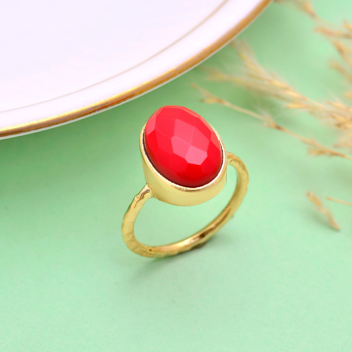 Handmade Red Onyx Gemstone Ring | Gold Plated Oval Statement Jewelry