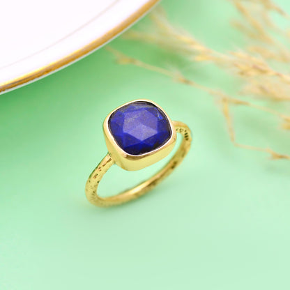 Handmade Gold-Tone Lapis Lazuli Ring | Minimalist Cushion Cut Gemstone