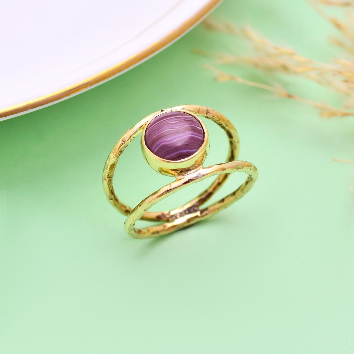 Handmade Gold-Plated Ring | Purple Agate Boho Statement Jewelry