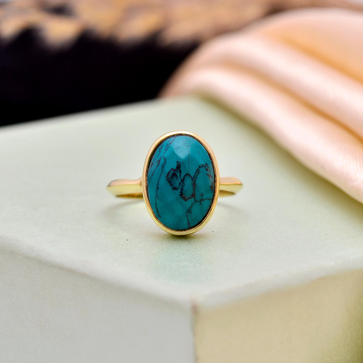 Minimalist Gold Turquoise Ring, Blue Stone Oval Ring, Handmade Boho Jewelry, Gift for Her, December Birthstone Ring
