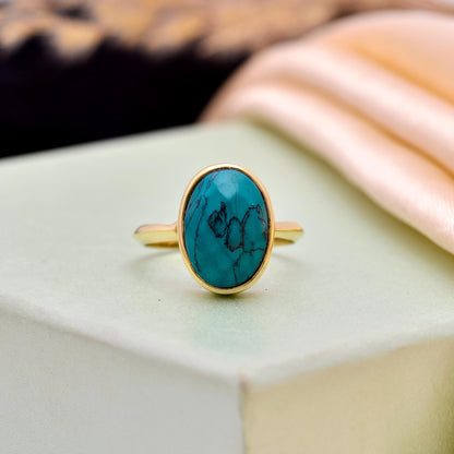 Minimalist Gold Turquoise Ring, Blue Stone Oval Ring, Handmade Boho Jewelry, Gift for Her, December Birthstone Ring