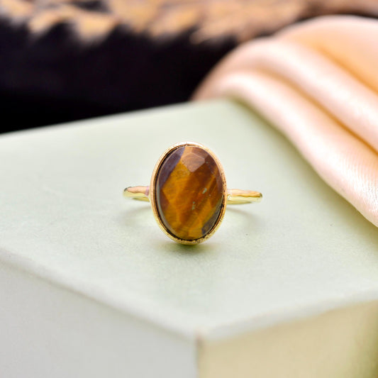 Handmade Oval Tiger Eye Ring – Gold Bezel, Minimalist Boho Jewelry