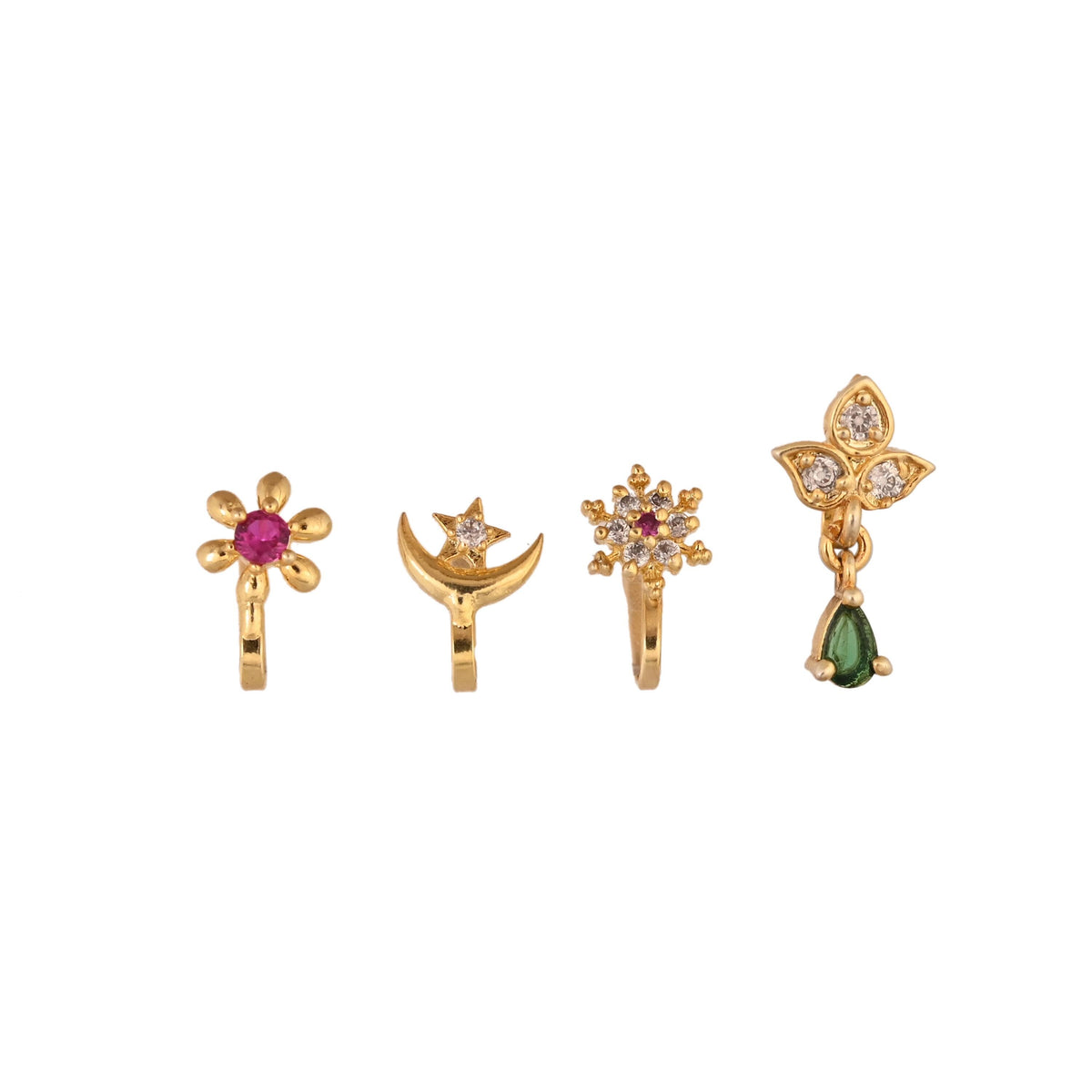 Gold Plated Nose Stud Set: American Diamond, Non-Piercing, Pack of 4