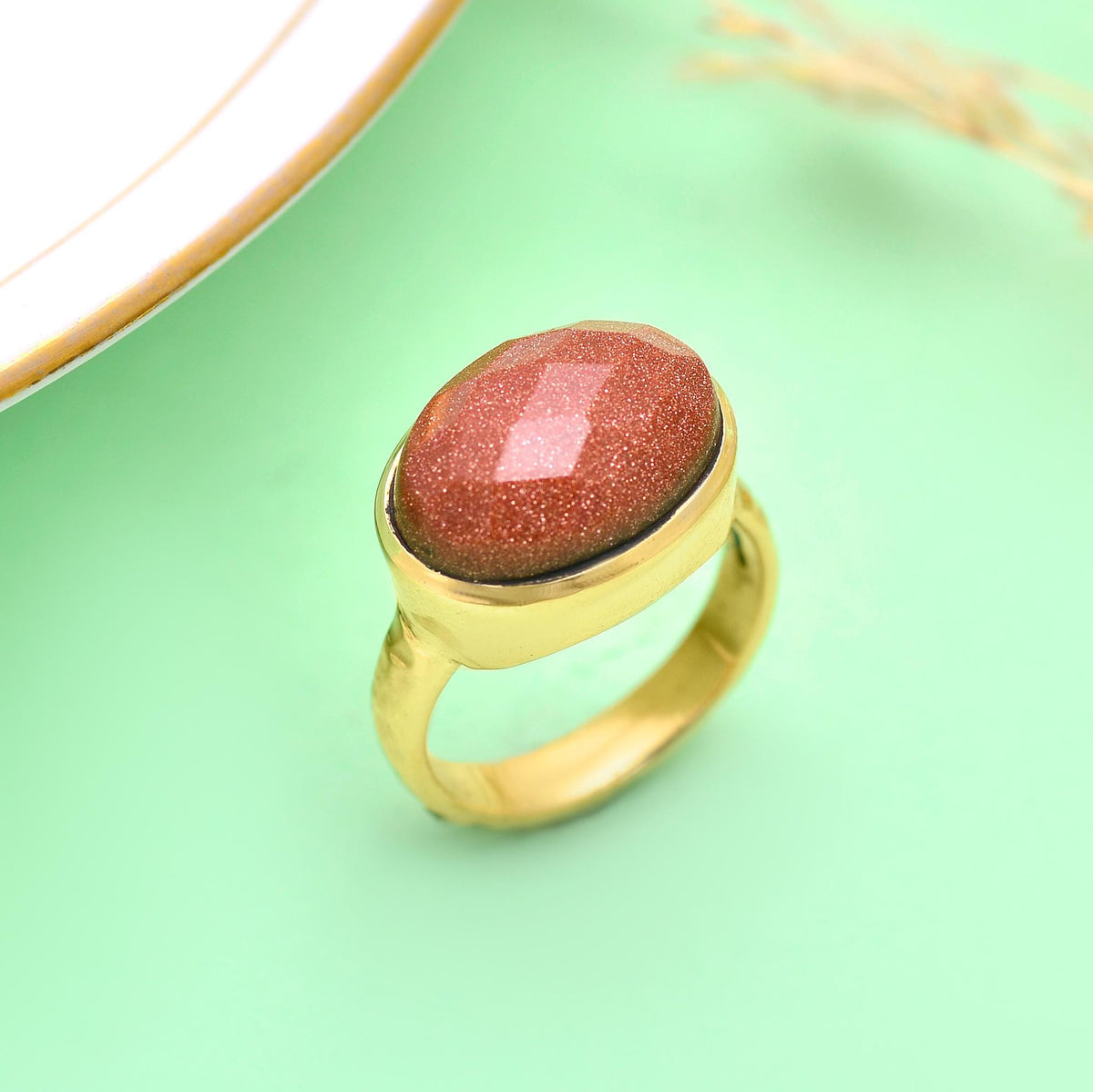 Handmade Gold Plated Goldstone Ring – Elegant Red Gemstone Statement Ring