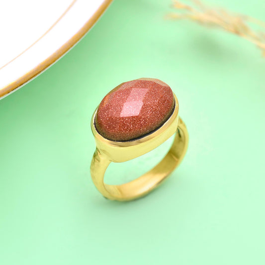 Handmade Gold Plated Goldstone Ring – Elegant Red Gemstone Statement Ring