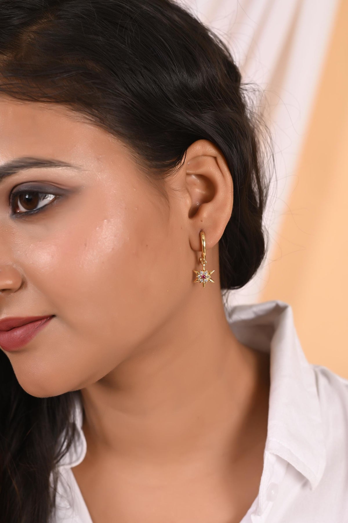 Gold Star Hoop Earring Zircon Celestial Dangle