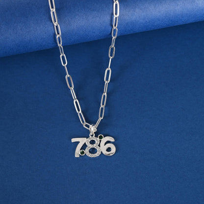 Zircon Studded 786 Pendant, Silver/Gold Plated Religious Necklace