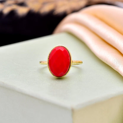 Handmade Red Onyx Gemstone Ring | Gold Plated Oval Statement Jewelry