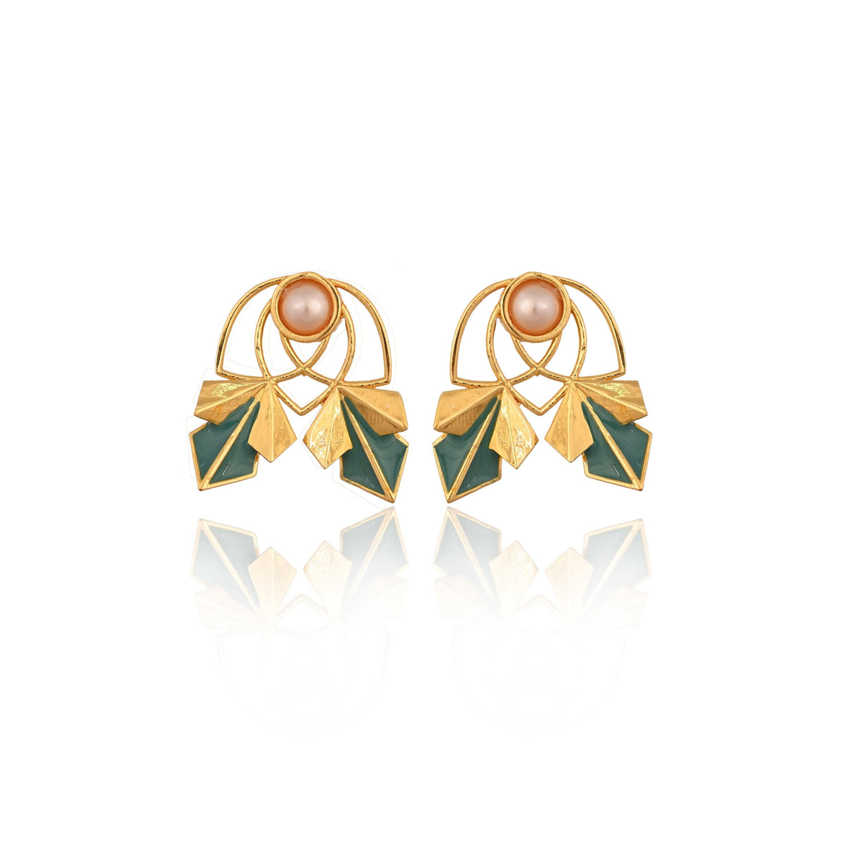 Gold Stud Earrings with Enamelling Work, Pearl Studded