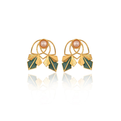Gold Stud Earrings with Enamelling Work, Pearl Studded