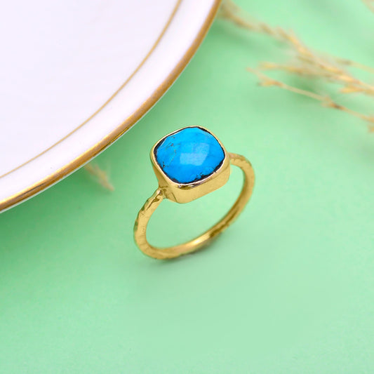 Handmade Gold Tone Ring | Cushion Cut Blue Stone, Boho Minimalist