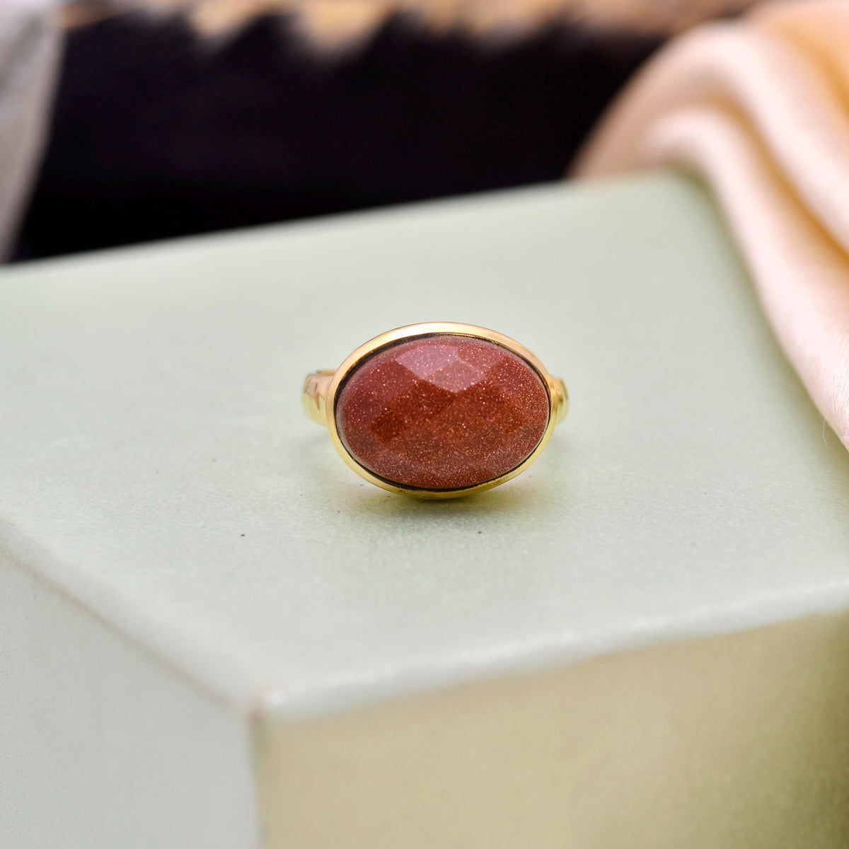 Handmade Gold Plated Goldstone Ring – Elegant Red Gemstone Statement Ring