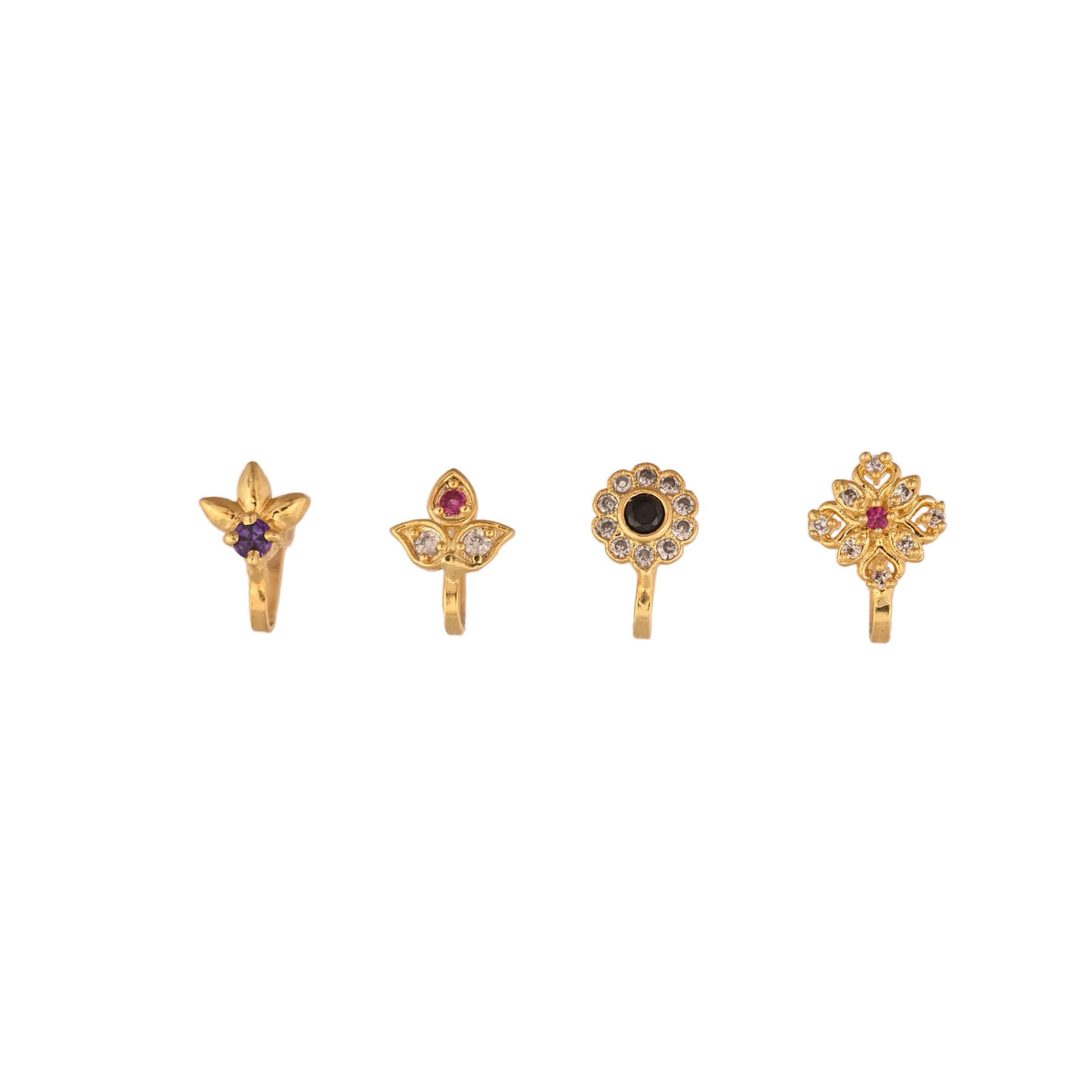 Gold Plated Nose Stud Set: American Diamond, Non-Piercing, Pack of 4