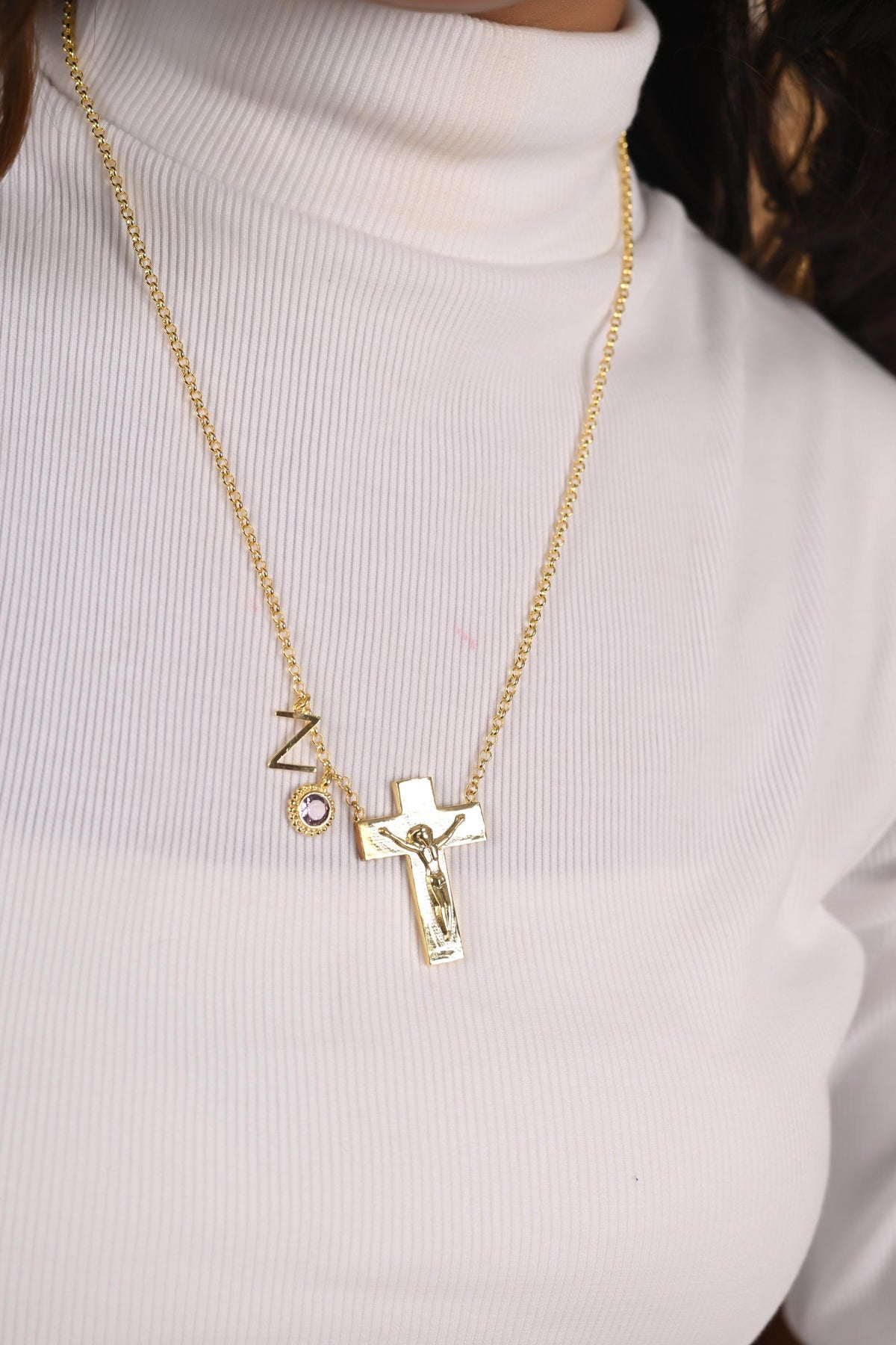 Custom Birthstone Initial Cross Necklace: Personalized Gold Plated Brass Jewelry
