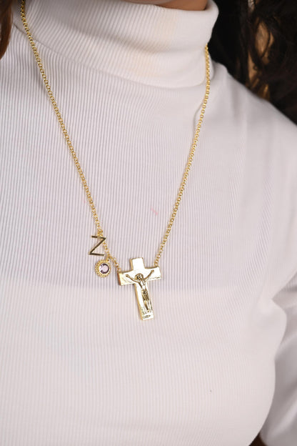 Custom Birthstone Initial Cross Necklace: Personalized Gold Plated Brass Jewelry