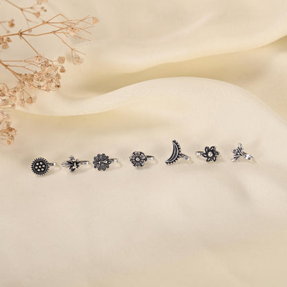 Oxidized Silver Nose Cuff Set, Indian Floral Nose Jewelry, Non Piercing (Pack of 7)