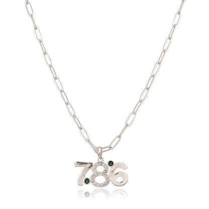 Zircon Studded 786 Pendant, Silver/Gold Plated Religious Necklace