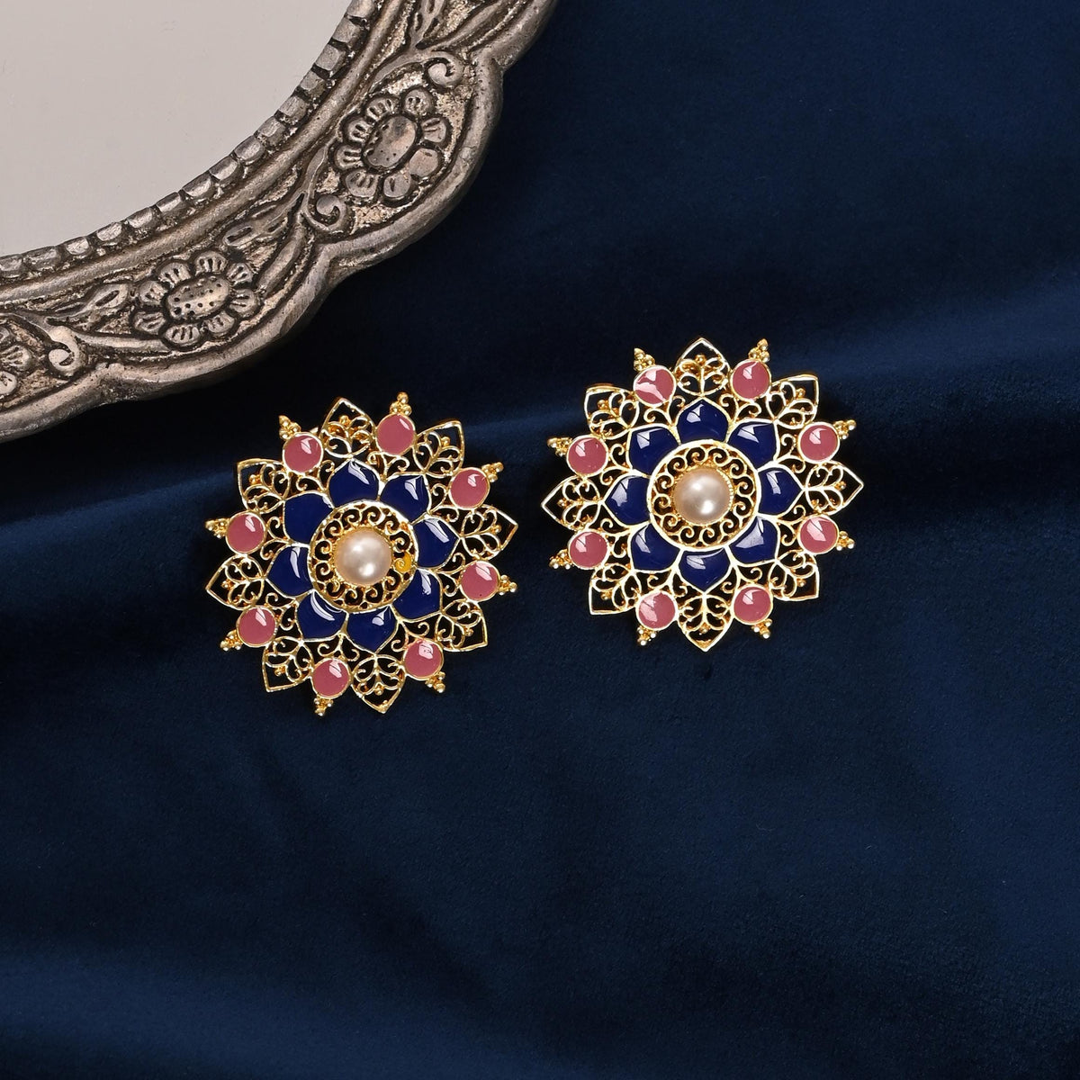 Handcrafted Meenakari Enamel Stud Earrings with Pearl