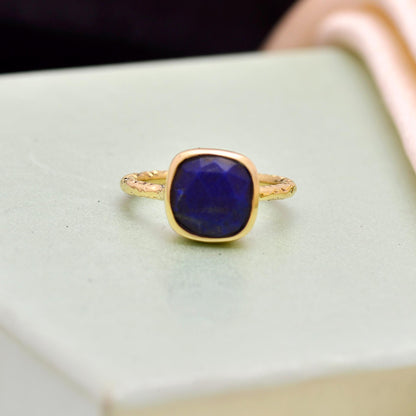 Handmade Gold-Tone Lapis Lazuli Ring | Minimalist Cushion Cut Gemstone