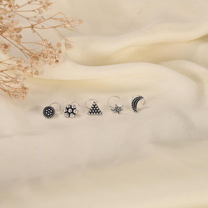 Oxidized Silver Nose Pin Set, Nose Jewelry Pack of 5