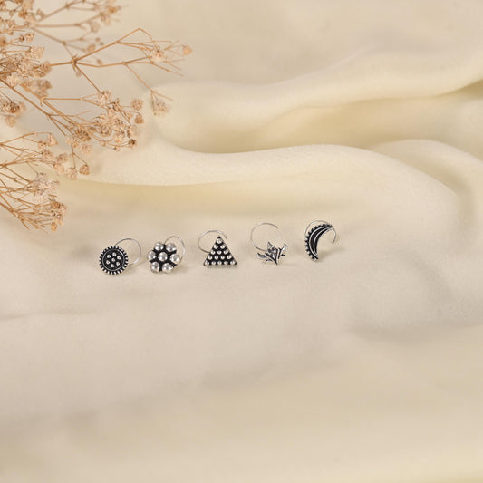 Oxidized Silver Nose Pin Set, Nose Jewelry Pack of 5