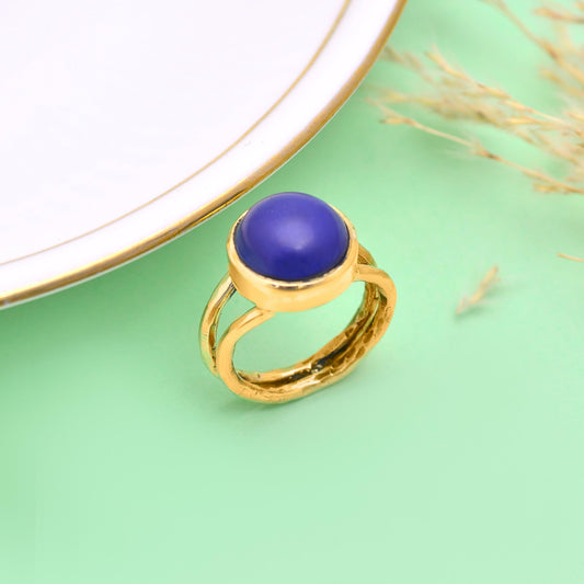 Blue Cabochon Stone Gold Ring | Handmade Adjustable Boho Ring