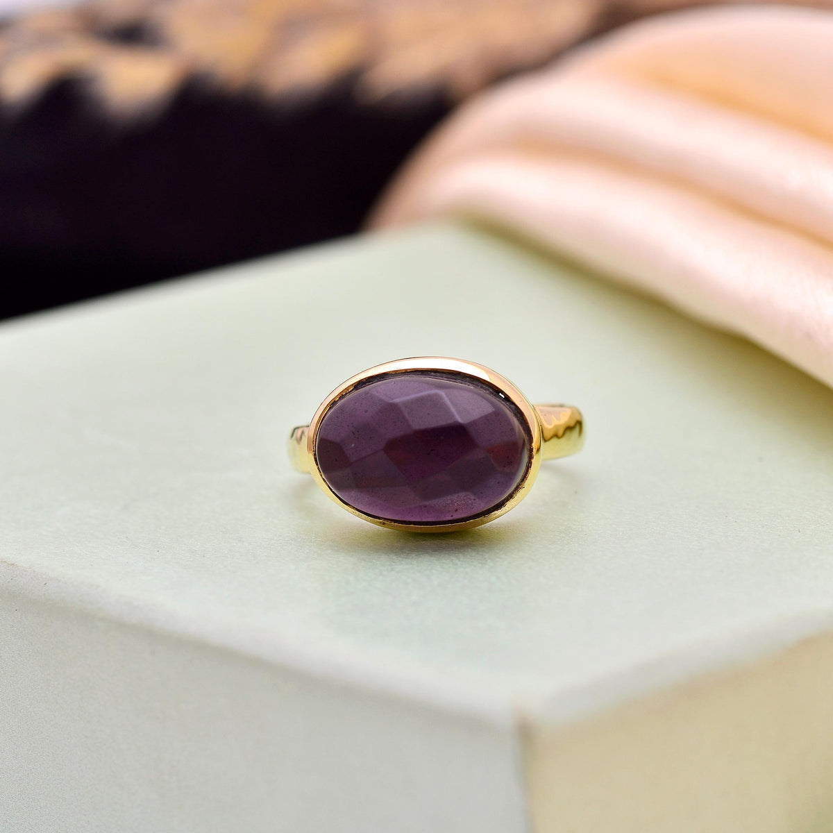 Gold Plated Amethyst Handmade Faceted Purple Gemstone Ring | February Birthstone Jewelry