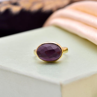 Gold Plated Amethyst Handmade Faceted Purple Gemstone Ring | February Birthstone Jewelry