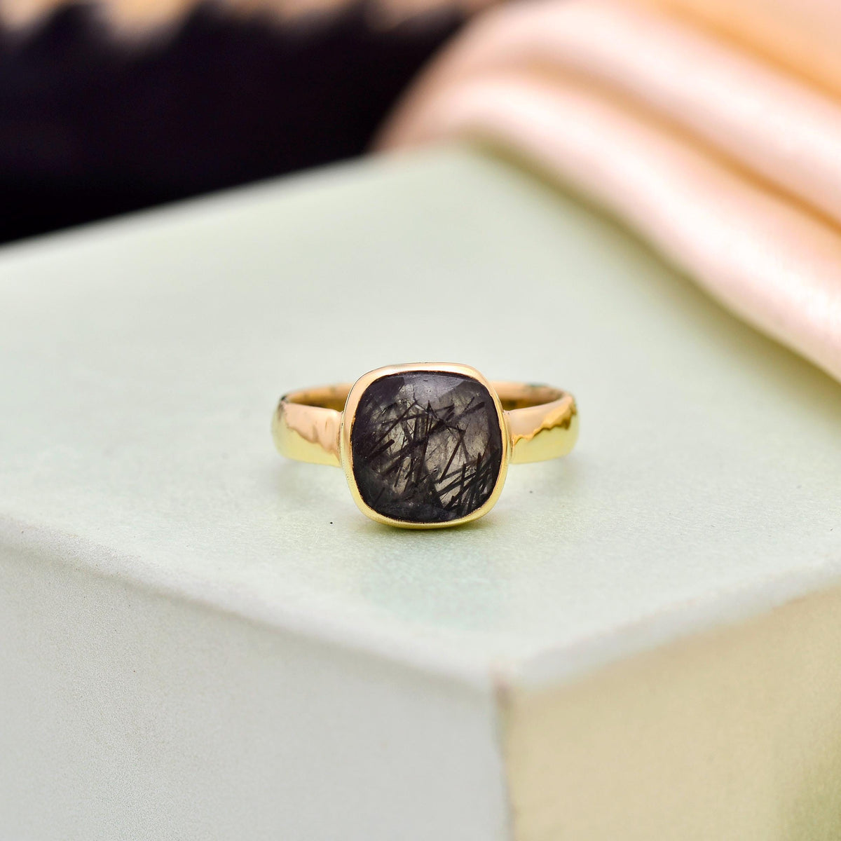 Handmade Black Rutilated Quartz Ring – Minimalist Gold Jewelry