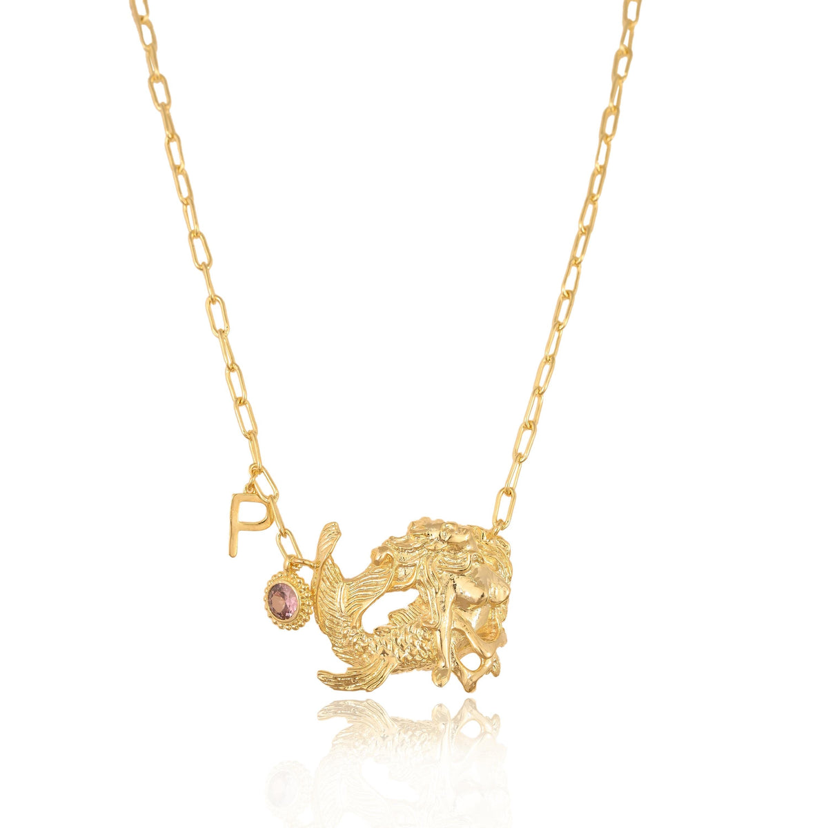 Custom Birthstone Initial Mermaid Necklace: Personalized Gold Plated Brass Jewelry