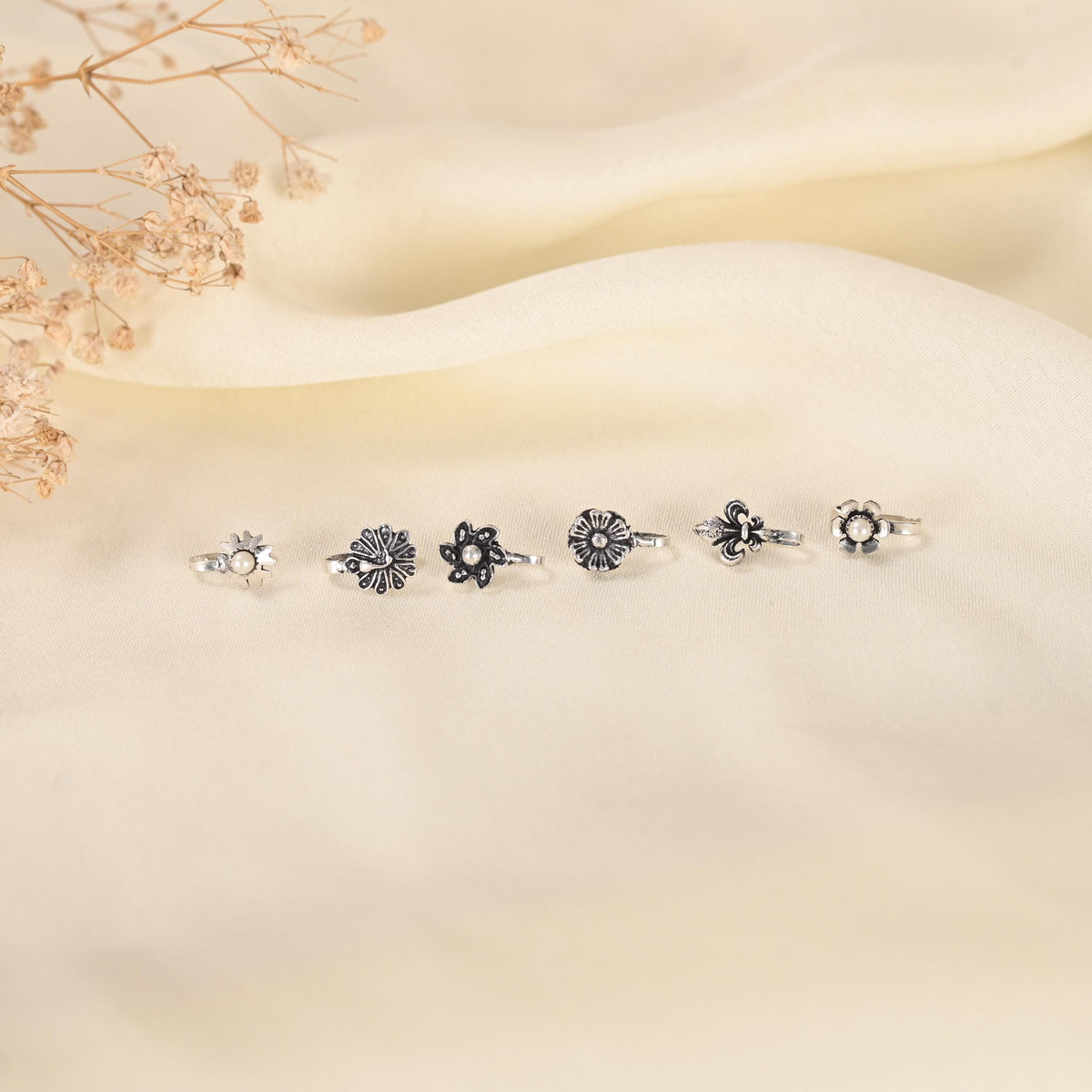 Oxidized Silver Floral Nose Pins, Non Piercing Set of 6