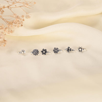 Oxidized Silver Floral Nose Pins, Non Piercing Set of 6