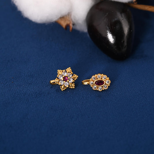 Gold Plated American Diamond Nose Stud Set: Non-Piercing Nose Pins