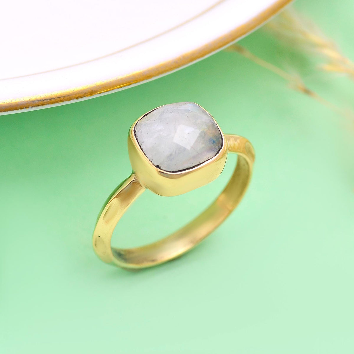 Handmade Cushion Cut Moonstone Gold Ring – June Birthstone Jewelry