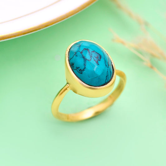 Minimalist Gold Turquoise Ring, Blue Stone Oval Ring, Handmade Boho Jewelry, Gift for Her, December Birthstone Ring
