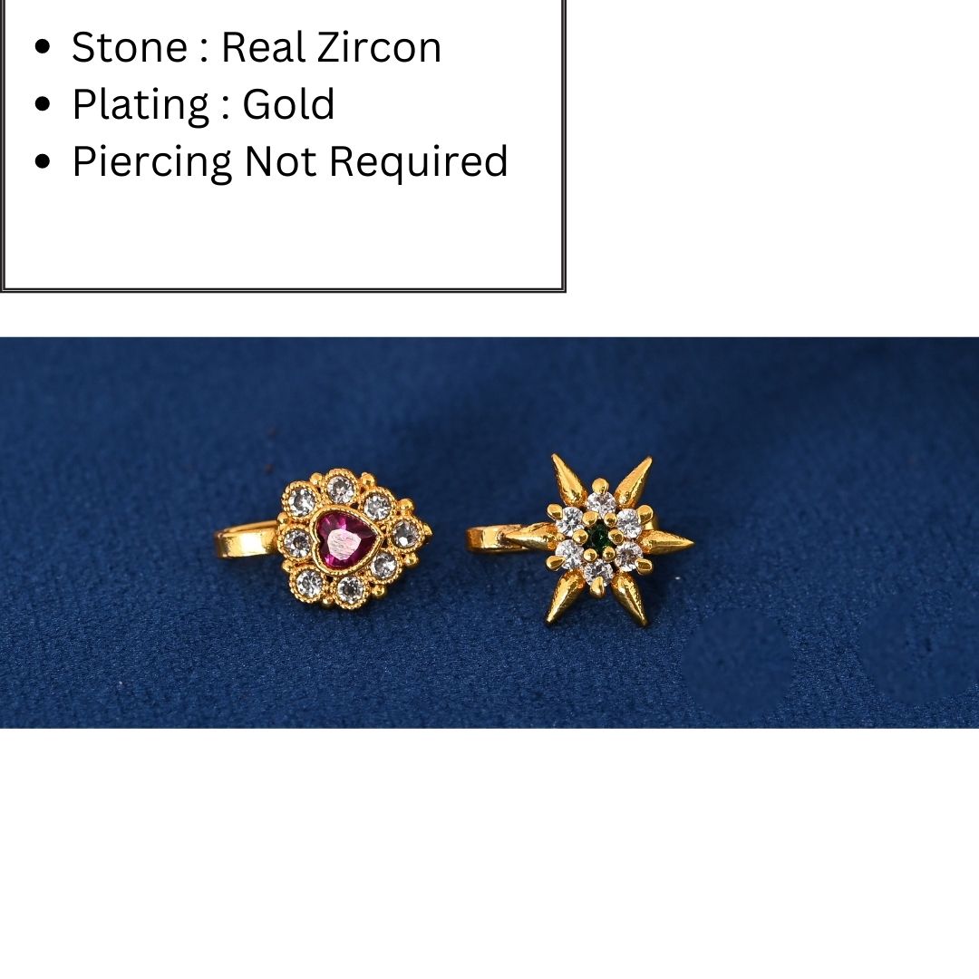 Tanusha Jewels Gold Plated Zircon Clip-On Nosepin-Set for womens and girls (Pack of 2)
